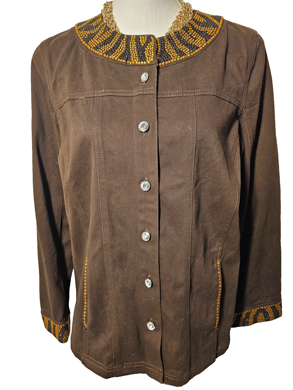 NWT Quacker Factory Womens S Brown Denim Rhinestone Buttons Embellished Jacket